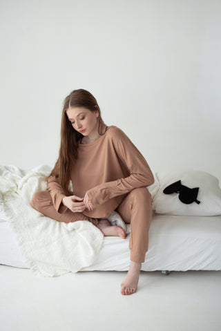 Pole wear oversize longsleeve boxy top long joggers loungewear set beige viscose