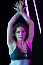 Sustainable pole dance wear: Sway Temptress - strappy chest detail top - geometric straps - in starry night black sparkle - sparkly pole wear - recycled lurex ECONYL-l...