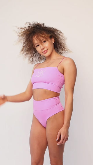 Pole dance wear strappy back crop top and high-waist cutout shorts in pink ECONYL fabric activewear and swimwear