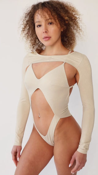 Pole wear bodysuit with longsleeve shrug in champagne gold - recycled lurex ECONYL-lined bodysuit, layered polewear video