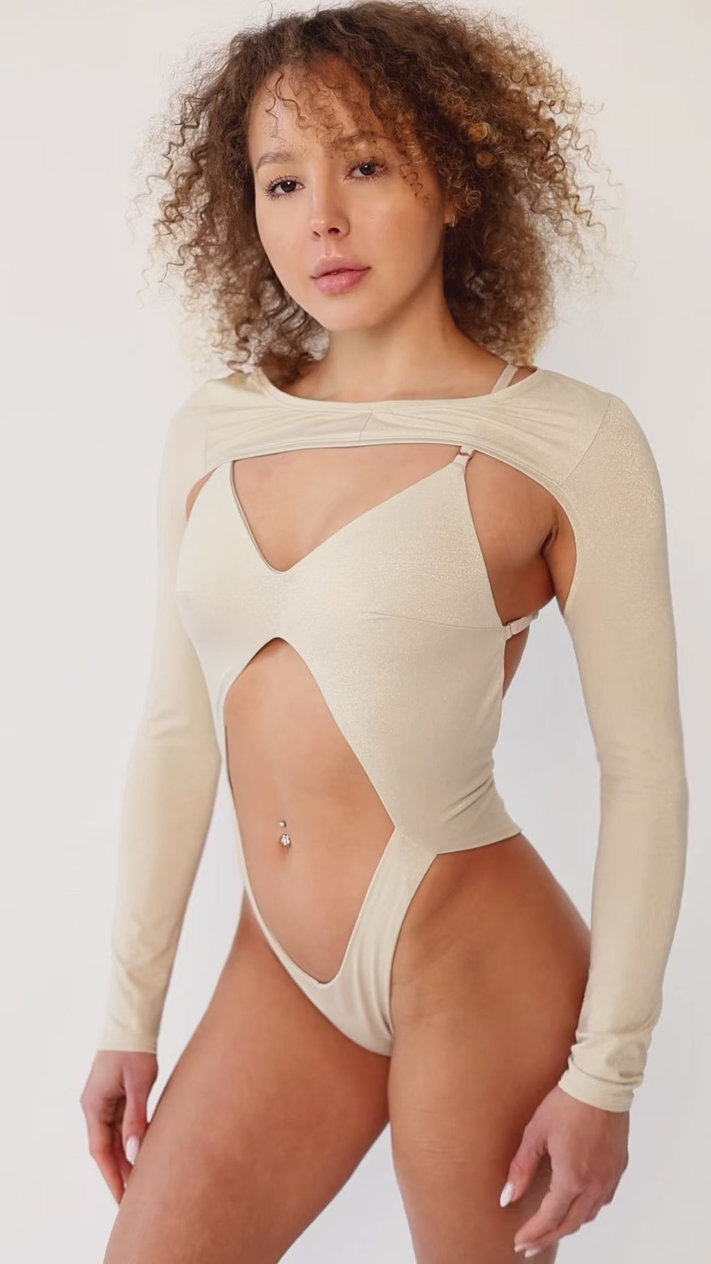 Pole wear bodysuit with longsleeve shrug in champagne gold - recycled lurex ECONYL-lined bodysuit, layered polewear video