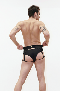Mens pole dance wear: Sway Ruby - signature garter shorts - in black - ECONYL sustainable fabric - doubles as gym wear and swimwear