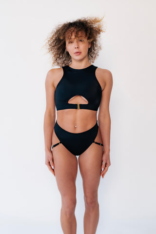 Black polewear two piece high waist garter shorts and reversible keyhole top