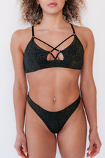 Sustainable pole wear: Sway Temptress - strappy cutout top - in starry night black sparkle - recycled polyamide lurex with ECONYL lining - pole dancing top